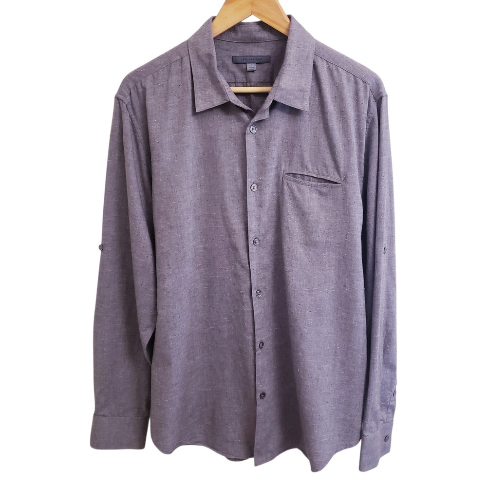 John Varvatos Mens Grey Roll Tab Sleeve Collared Button Down Shirt, Size L